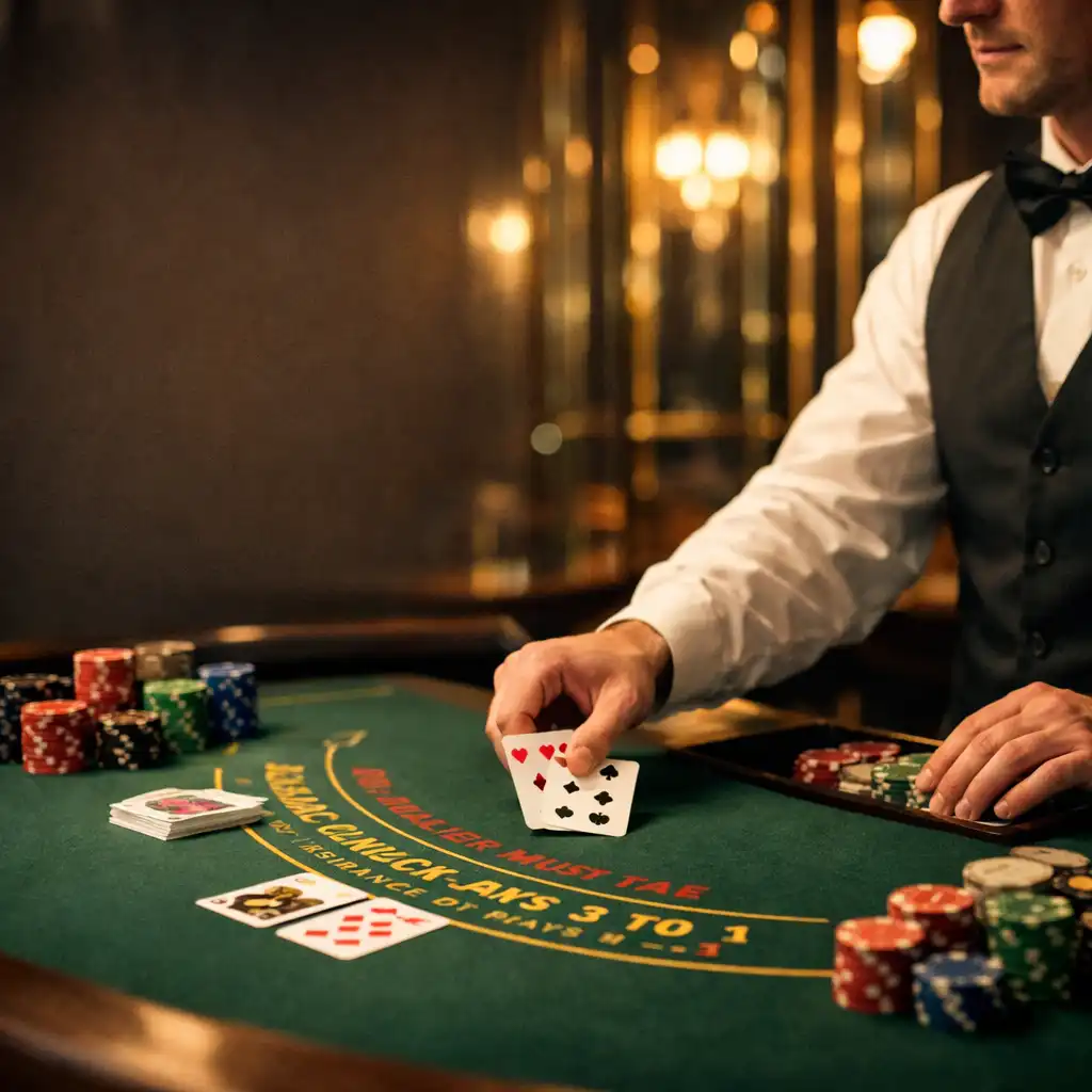 Stół do blackjacka z kartami i żetonami w eleganckim wnętrzu Maple Meal