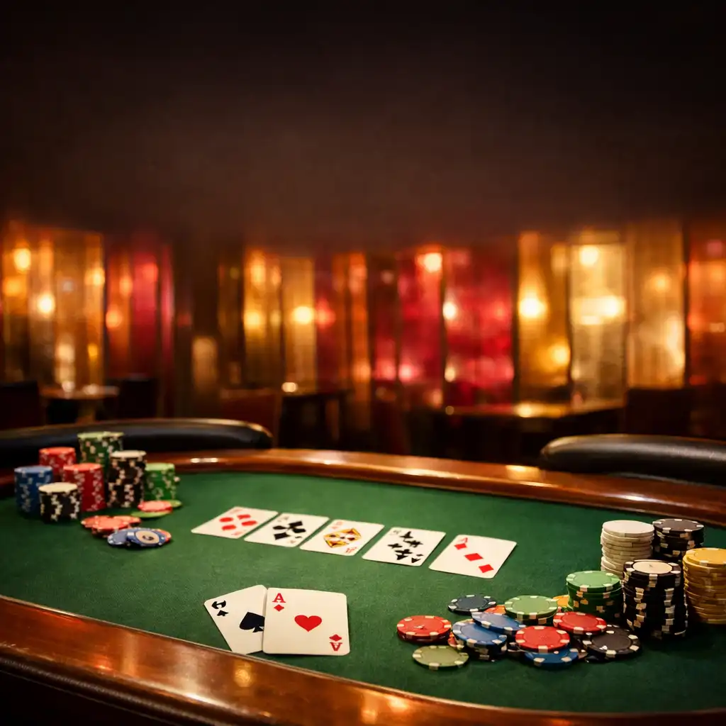 Elegancki stół pokerowy w restauracji Maple Meal z zielonym suknem, kartami i kolorowymi żetonami, w tle szklane panele w odcieniach bursztynu i maliny