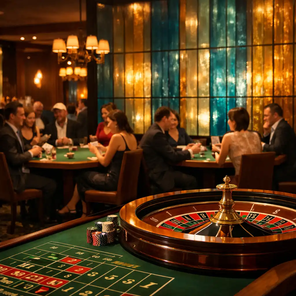 Wnętrze restauracji Maple Meal podczas wieczoru Casino Nights, goście grający w karty przy okrągłych stołach, w tle szklane panele w kolorach oceanu i bursztynu