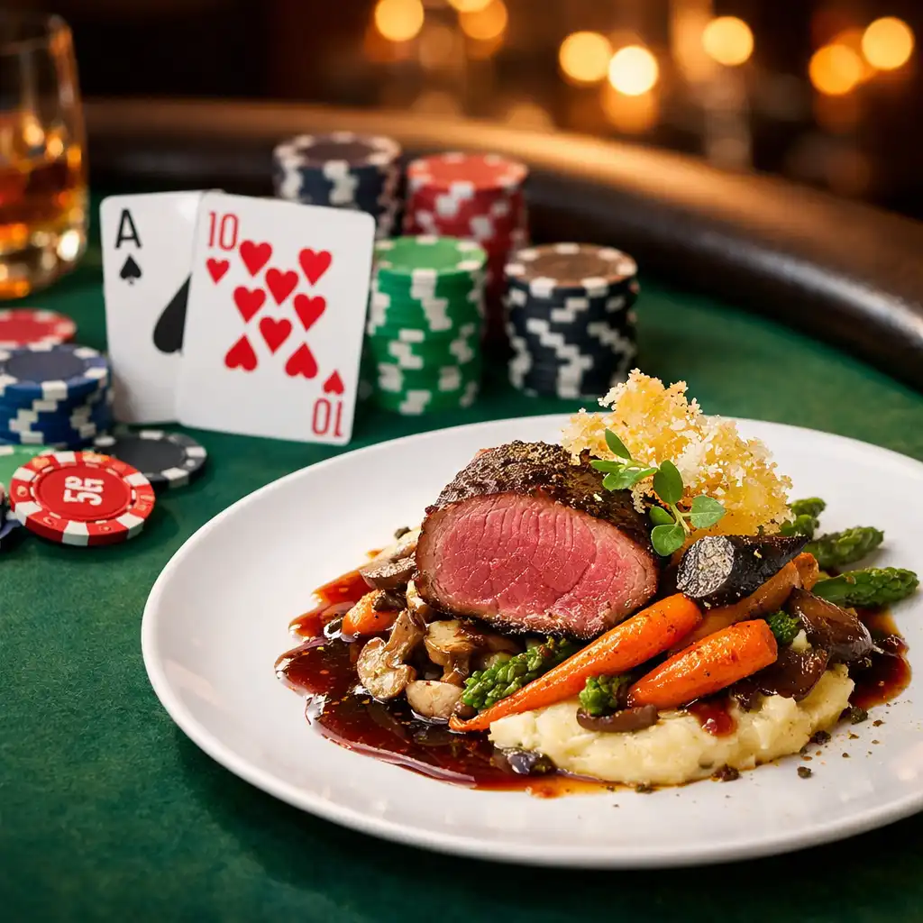 Eleganckie danie restauracyjne obok stołu pokerowego z kartami i żetonami