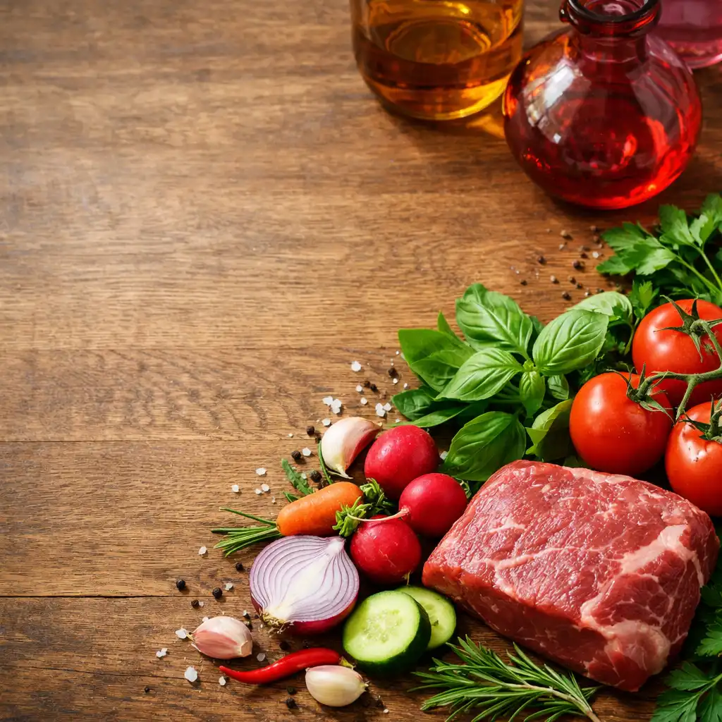 Świeże składniki kuchni Maple Meal: warzywa, zioła i mięso na drewnianym blacie z delikatnymi szklanymi naczyniami