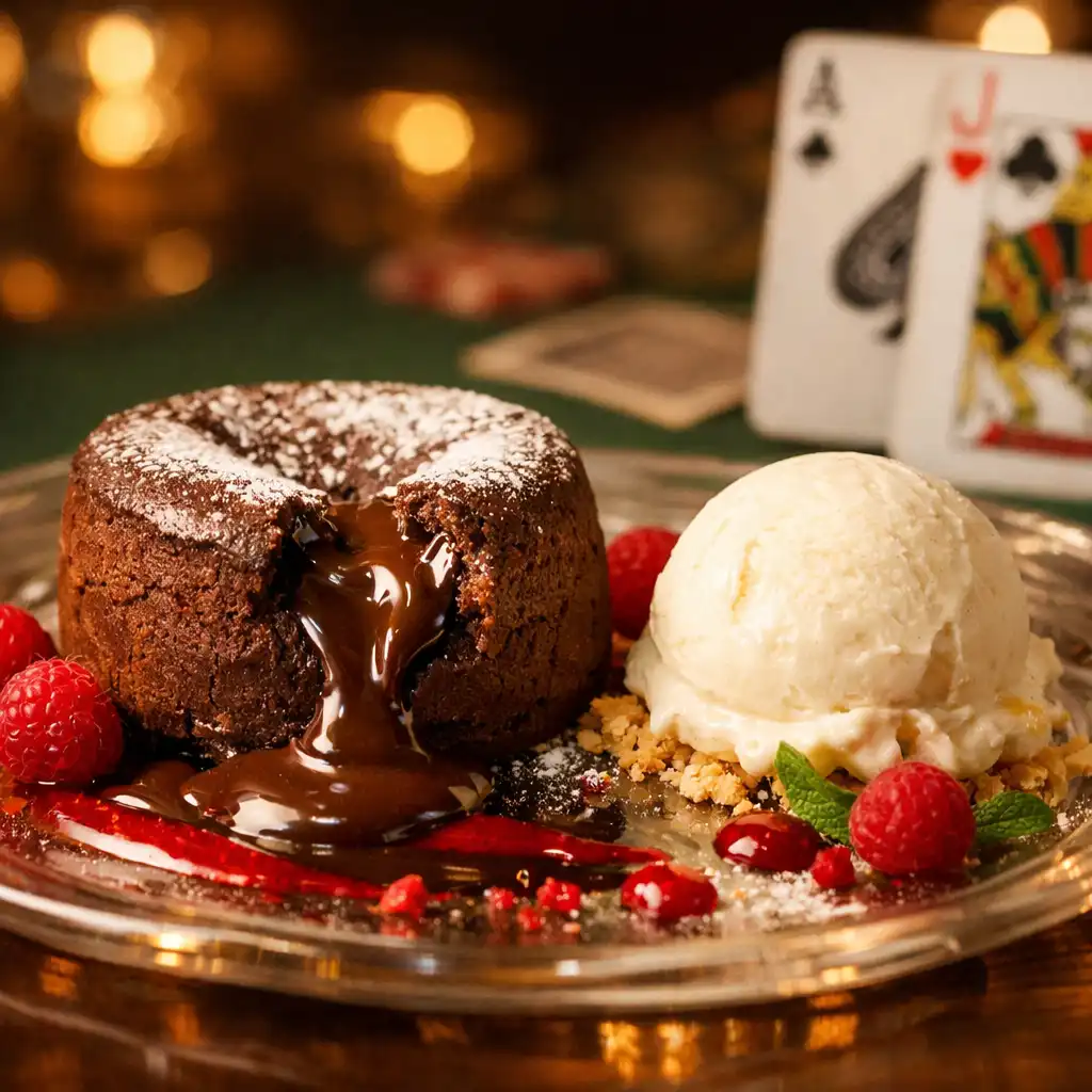 Fondant czekoladowy z lodami waniliowymi na szklanym talerzu z malinowym akcentem