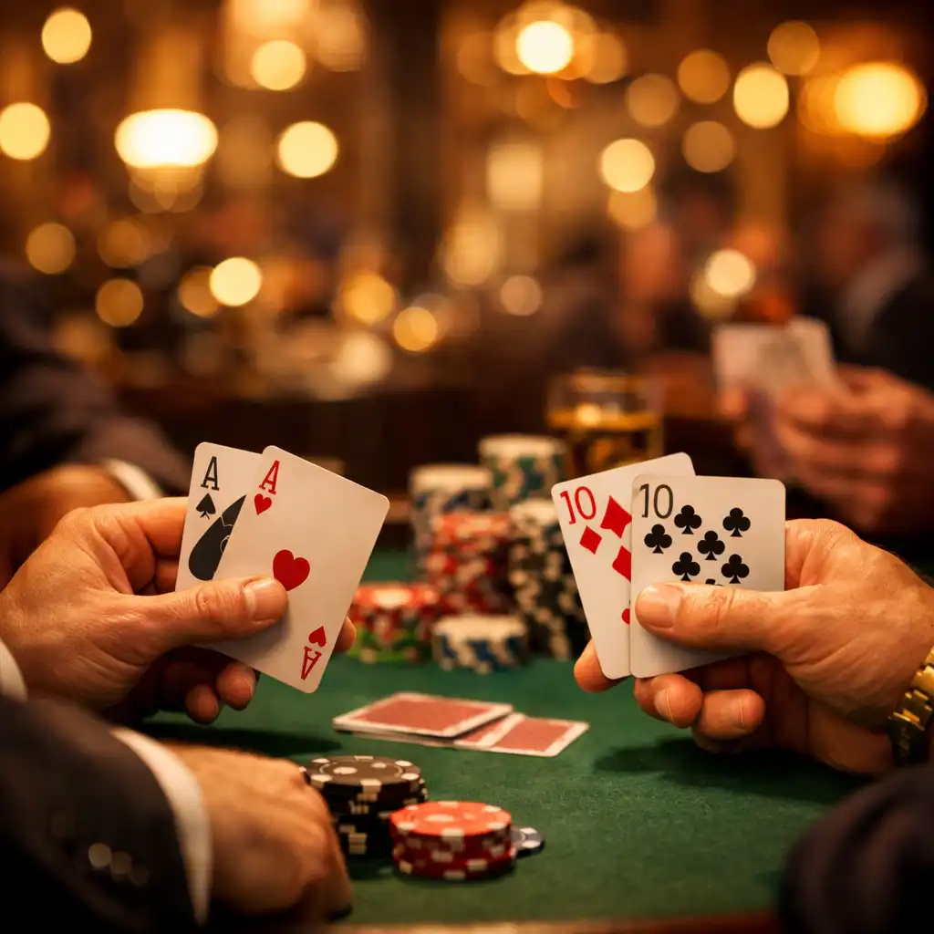 Zbliżenie na ręce graczy trzymających karty przy stole pokerowym w Maple Meal