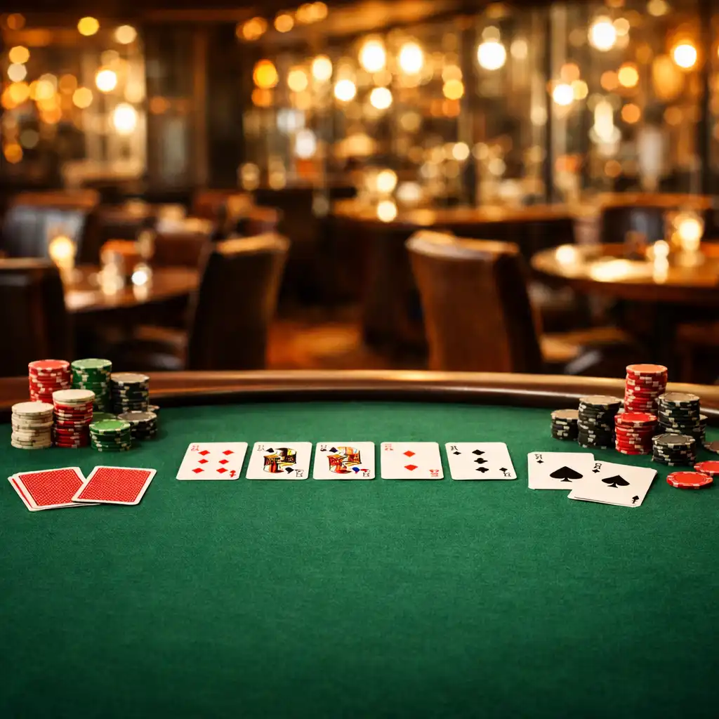 Elegancki stół pokerowy z zielonym suknem, kartami i żetonami w restauracji Maple Meal