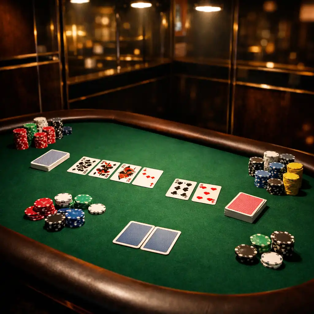 Stół pokerowy z zielonym suknem, kartami i żetonami w eleganckim wnętrzu Maple Meal