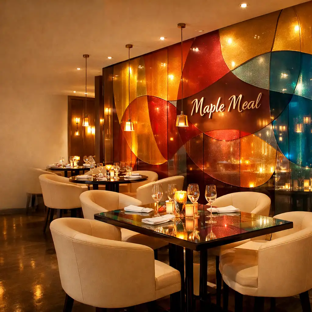 Eleganckie wnętrze restauracji Maple Meal z półprzezroczystymi szklanymi panelami w kolorach bursztynu, maliny i morskiego błękitu