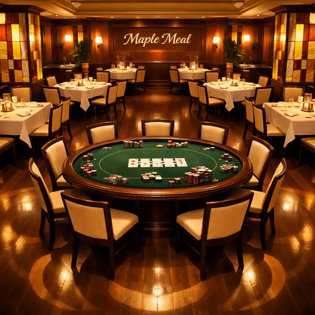 Sala główna Maple Meal ze szklanymi przegrodami i stołem pokerowym