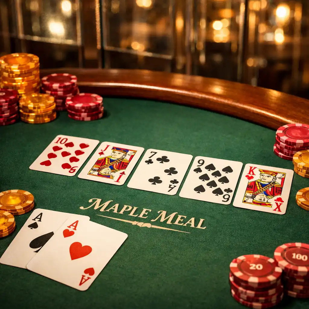 Fizyczny stół pokerowy z kartami i żetonami w Maple Meal