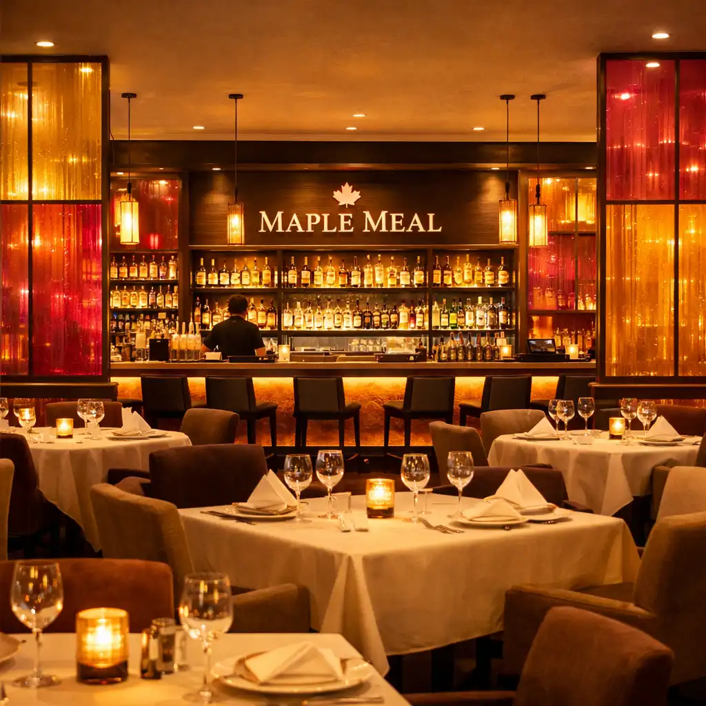 Sala restauracyjna Maple Meal z widokiem na bar, półprzezroczyste szklane panele i podświetlany bar